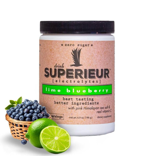 Superieur Electrolytes lime blueberry canister for tasty hydration during workouts and daily activities