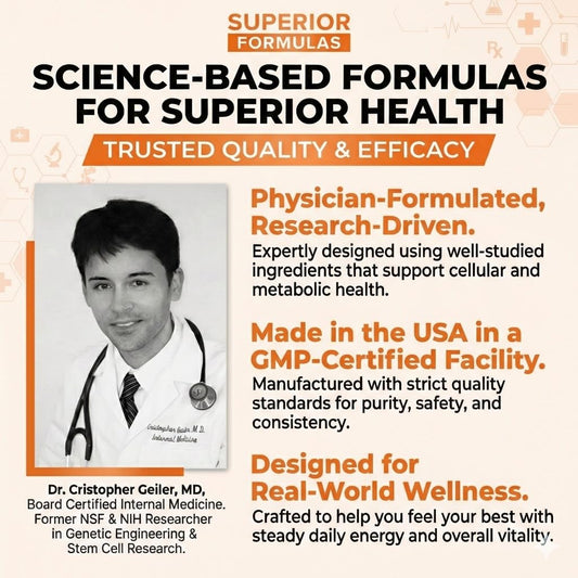 Superior Formulas Senolytic+ capsules for easy daily use and consistency