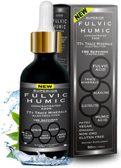 Superior Fulvic Humic X935 bottle pour demonstrates mineral-rich hydration with electrolytes.