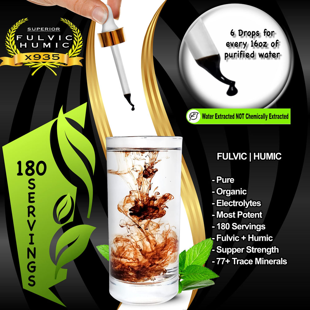 Pouring Superior Fulvic Humic X935 drops into a glass for daily hydration.