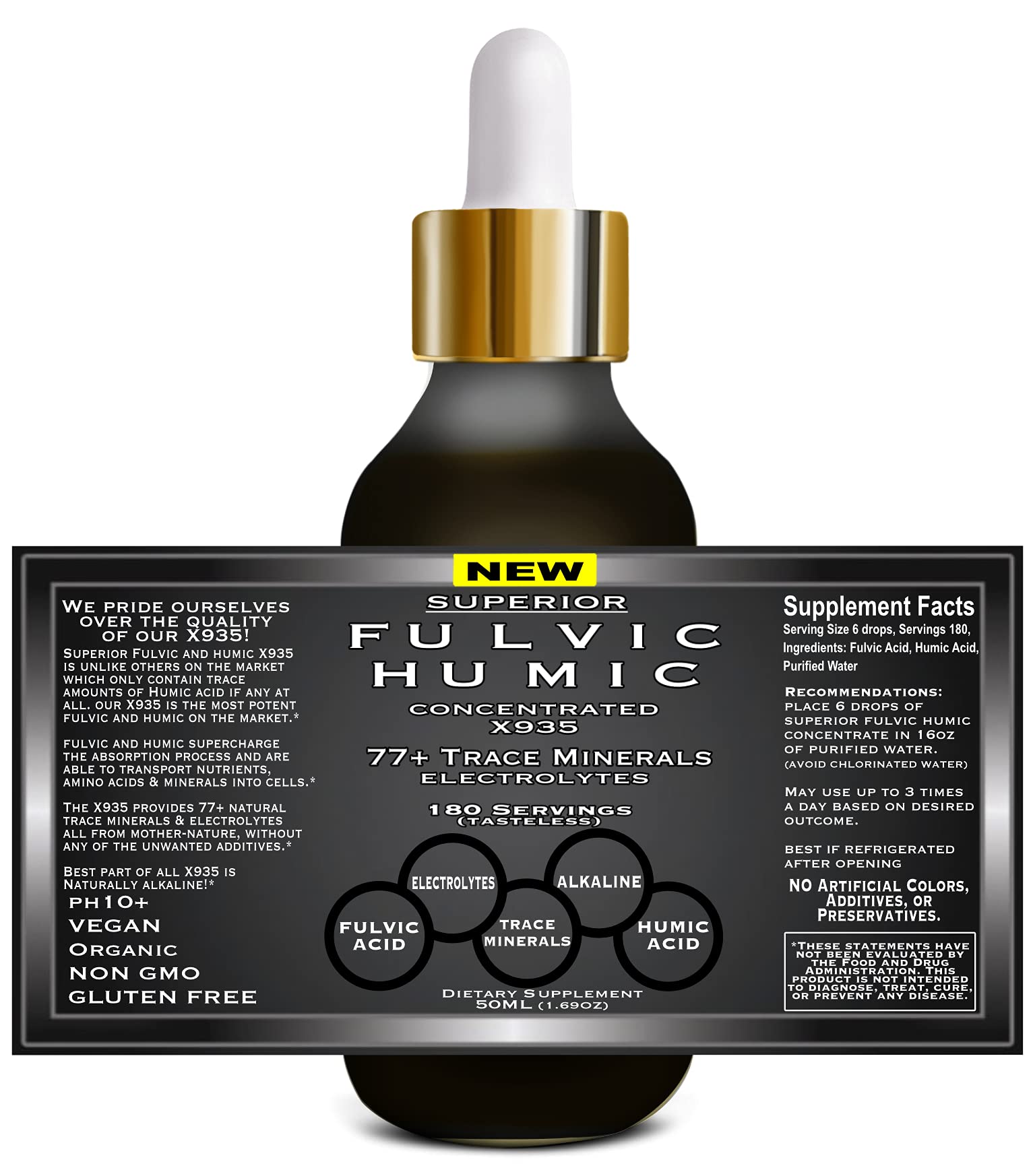 Superior Fulvic Humic X935 ingredients panel shows plant-derived minerals.
