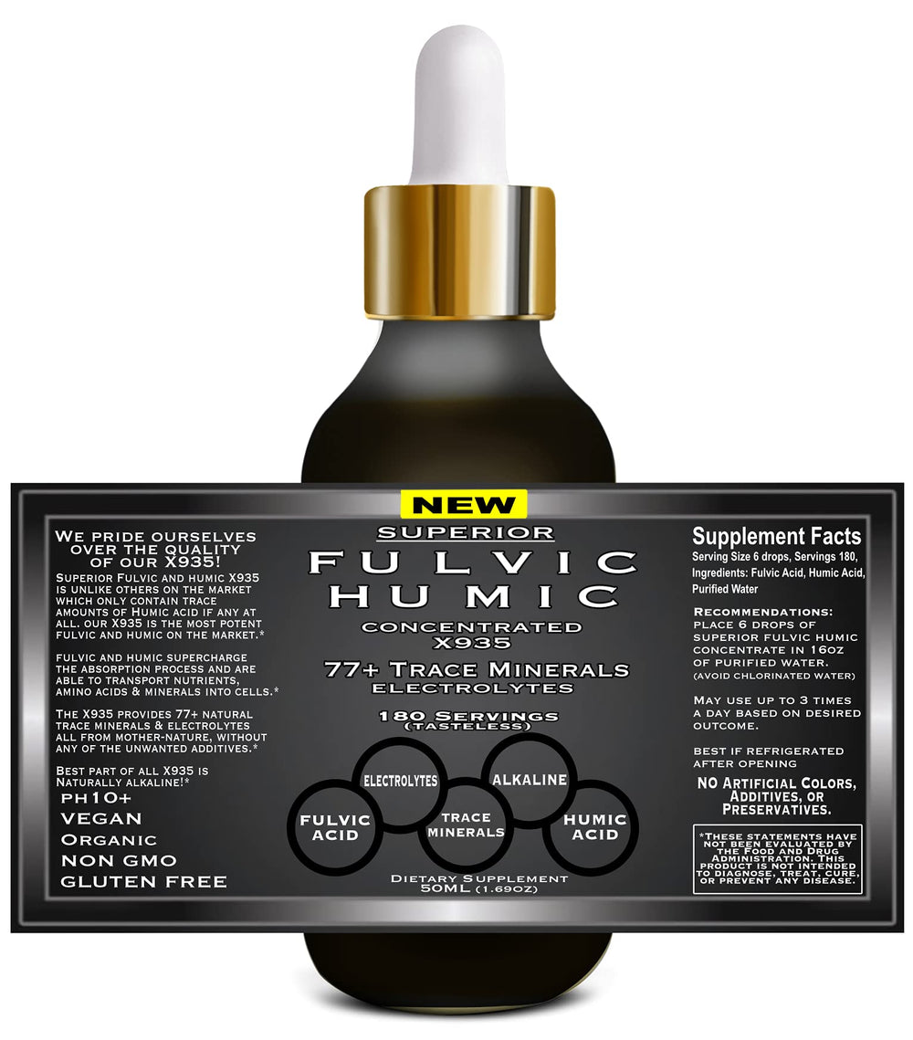 Superior Fulvic Humic X935 ingredients panel shows plant-derived minerals.