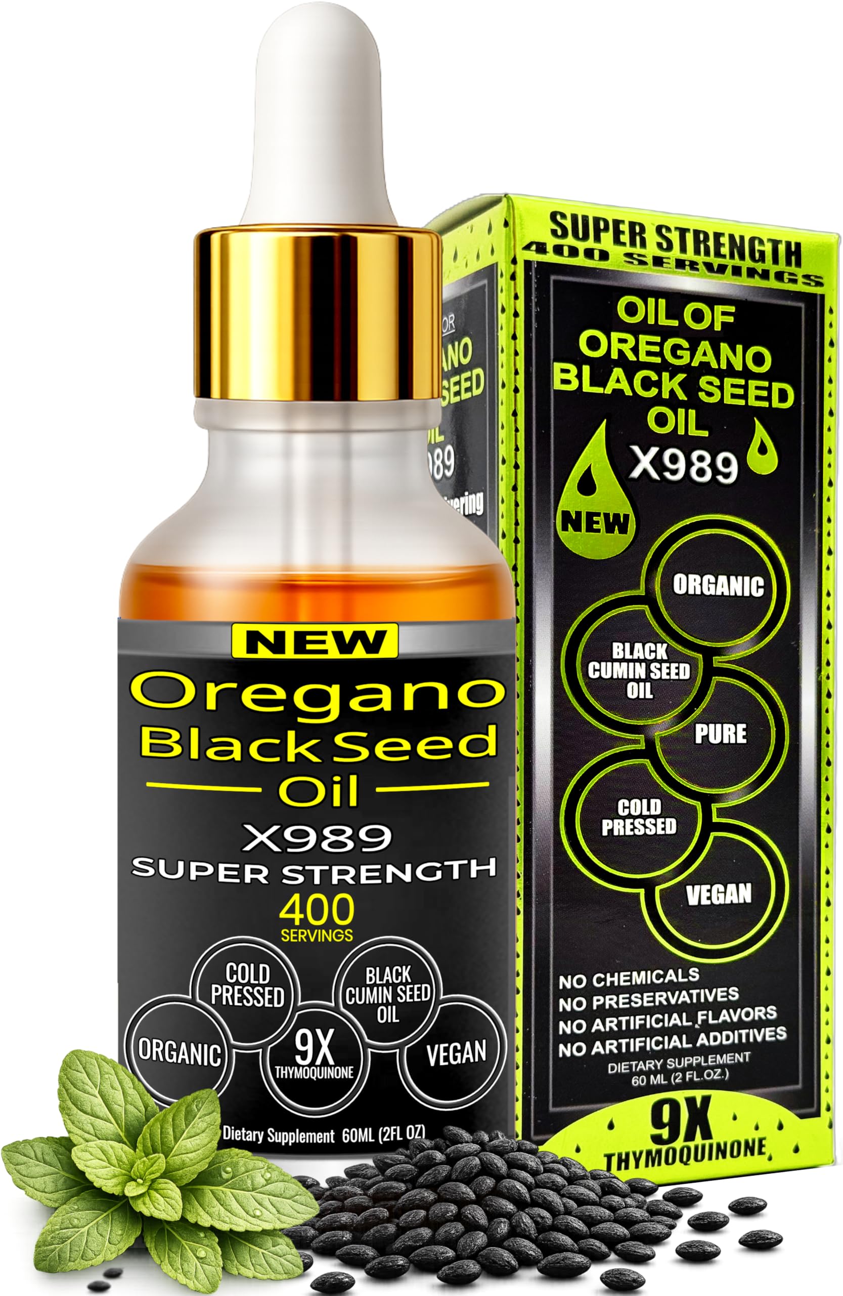 SUPERIOR FULVIC HUMIC X935 oregano and black seed oil bottle showing pure 2-in-1 blend