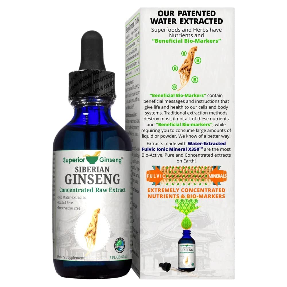 Superior Ginseng Siberian Ginseng Root Extract glass bottle signals premium, plastic-free packaging.