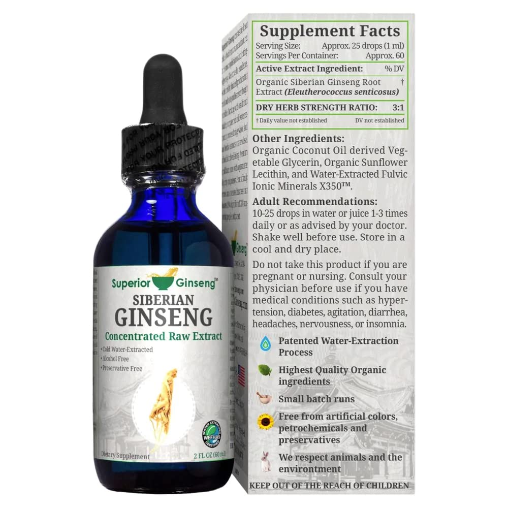 Superior Ginseng Siberian Ginseng Root Extract label close-up highlights organic, alcohol-free formula.