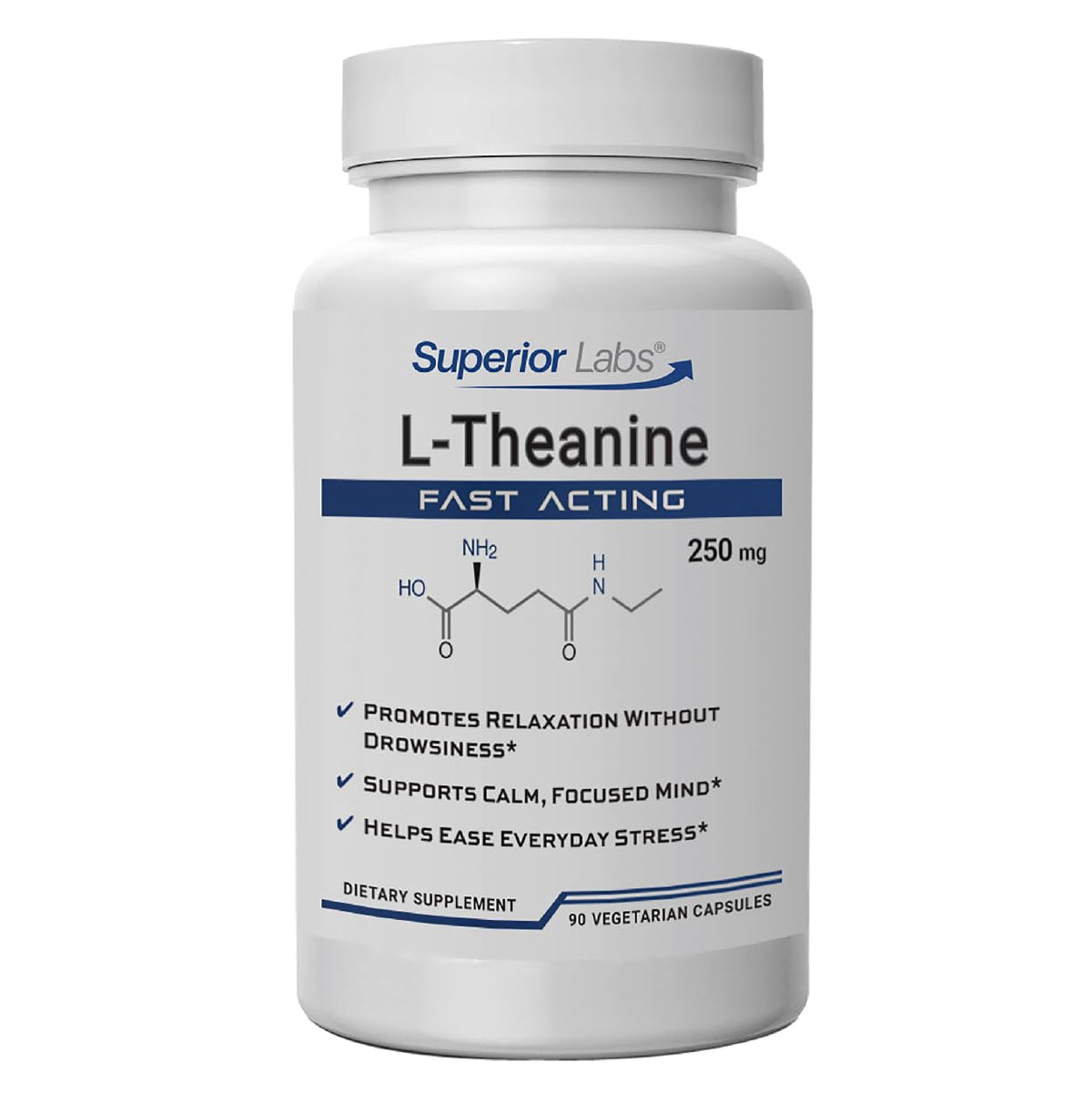Superior Labs L-Theanine 250 mg capsules in bottle for calm focus