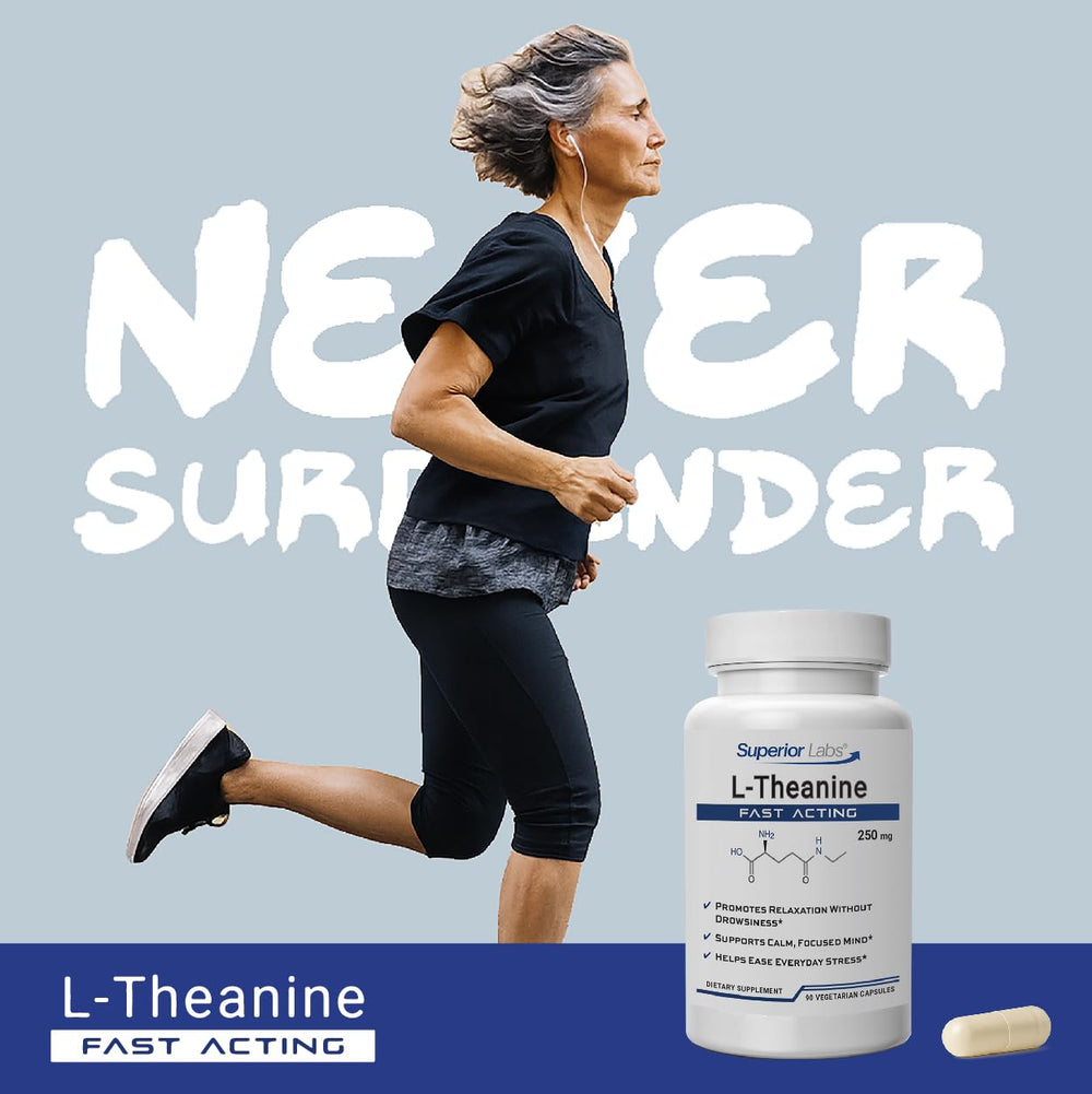 Superior Labs L-Theanine capsules on shelf suggesting non-drowsy calm