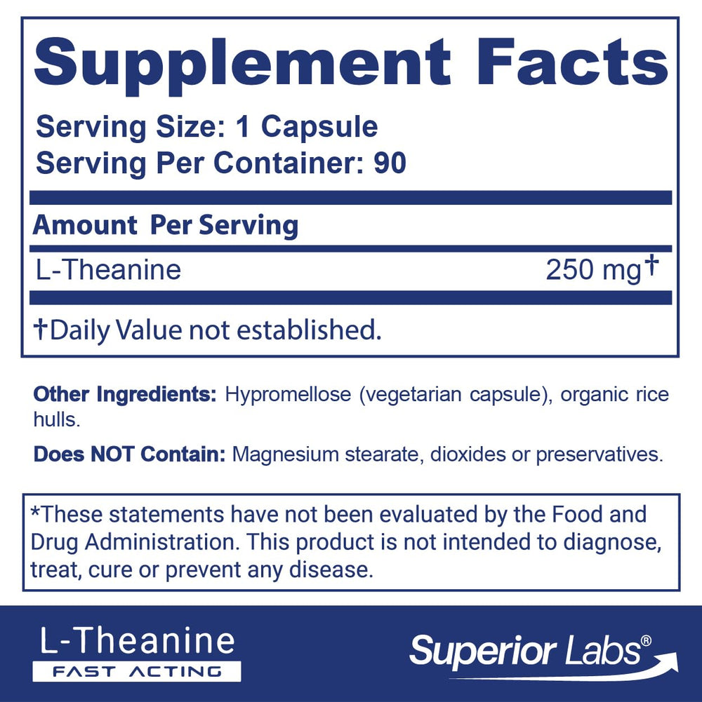 Superior Labs L-Theanine label closeup highlighting purity and non-GMO