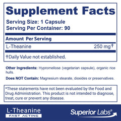 Superior Labs L-Theanine label closeup highlighting purity and non-GMO