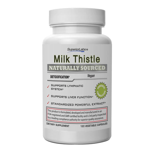 Superior Labs Milk Thistle bottle close-up shows eighty-percent silymarin potency for detox support