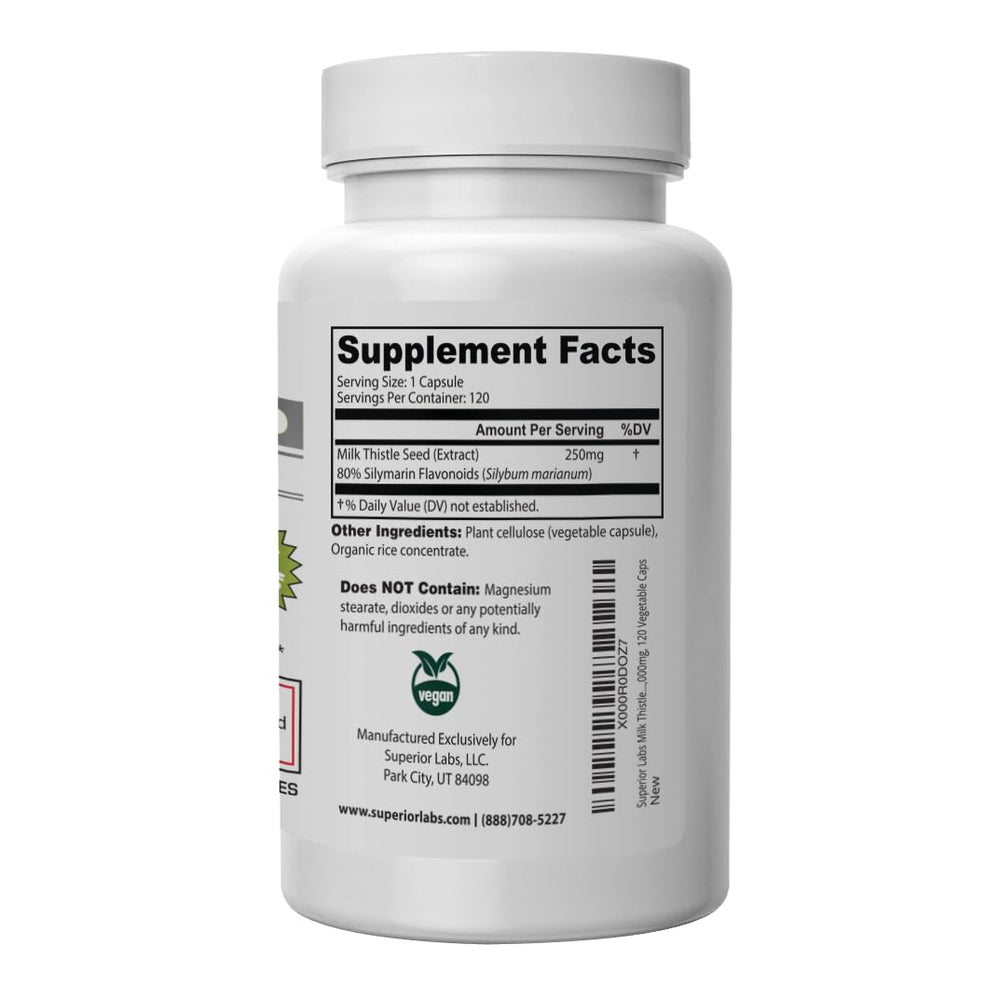 Superior Labs Milk Thistle capsules arranged for daily dosing and energy balance