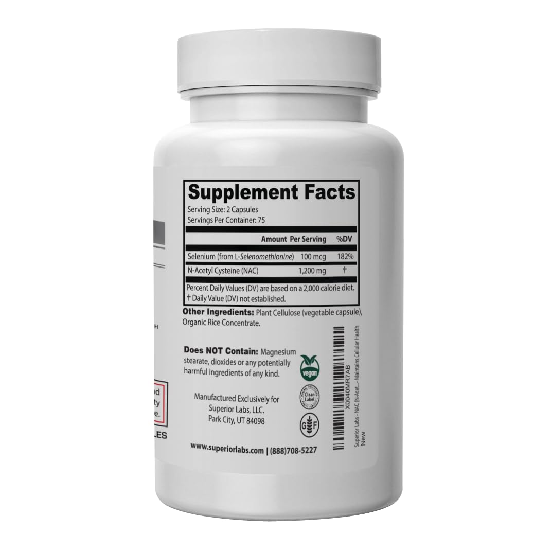 Superior Labs NAC 1200mg ingredient list highlights a clean formula with no unnecessary additives