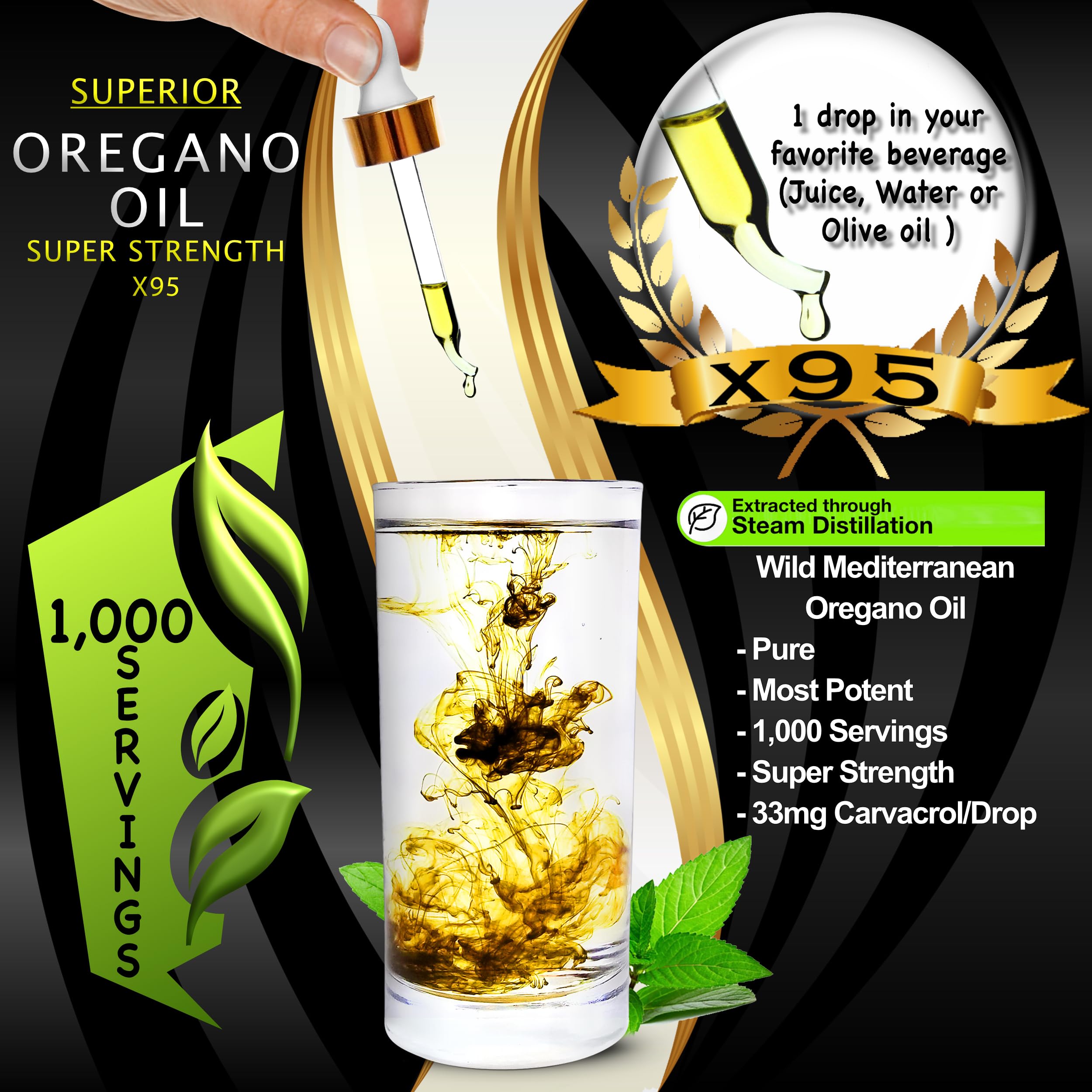 Superior Oregano Oil X95 dropper enables precise measurements in each serving