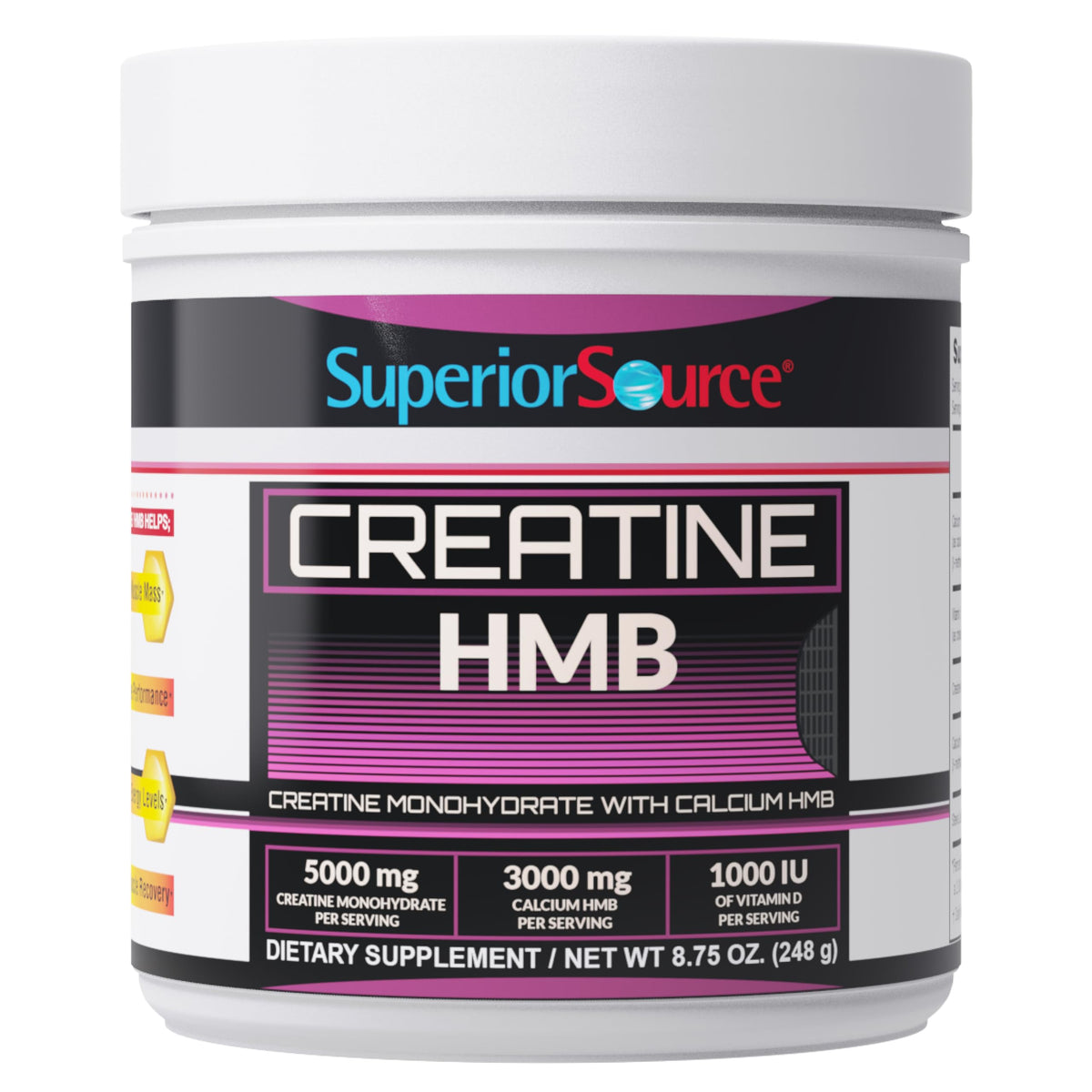 Superior Source Creatine HMB bottle front for workouts and daily supplementation.