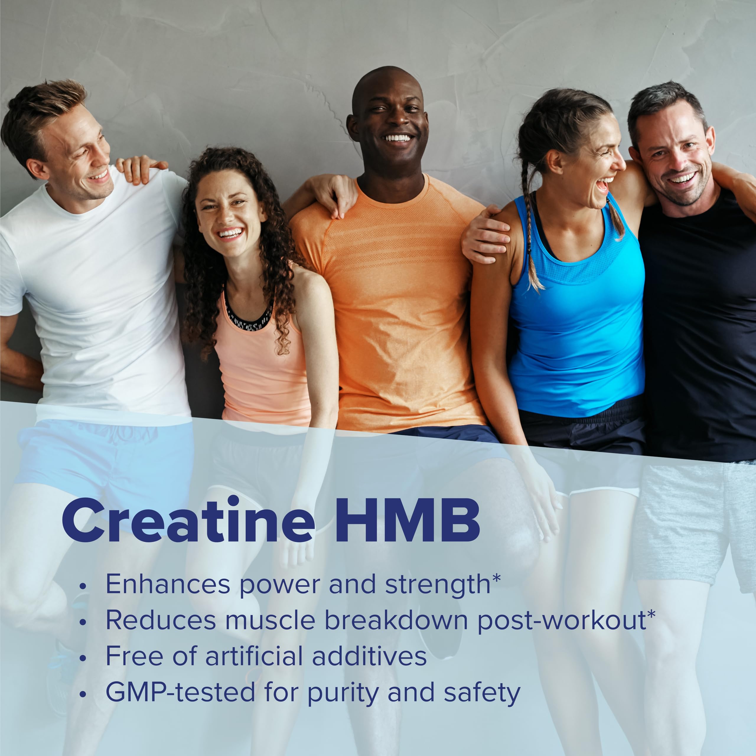 Label detail shows per-serving 5 g creatine monohydrate and 3 g HMB.