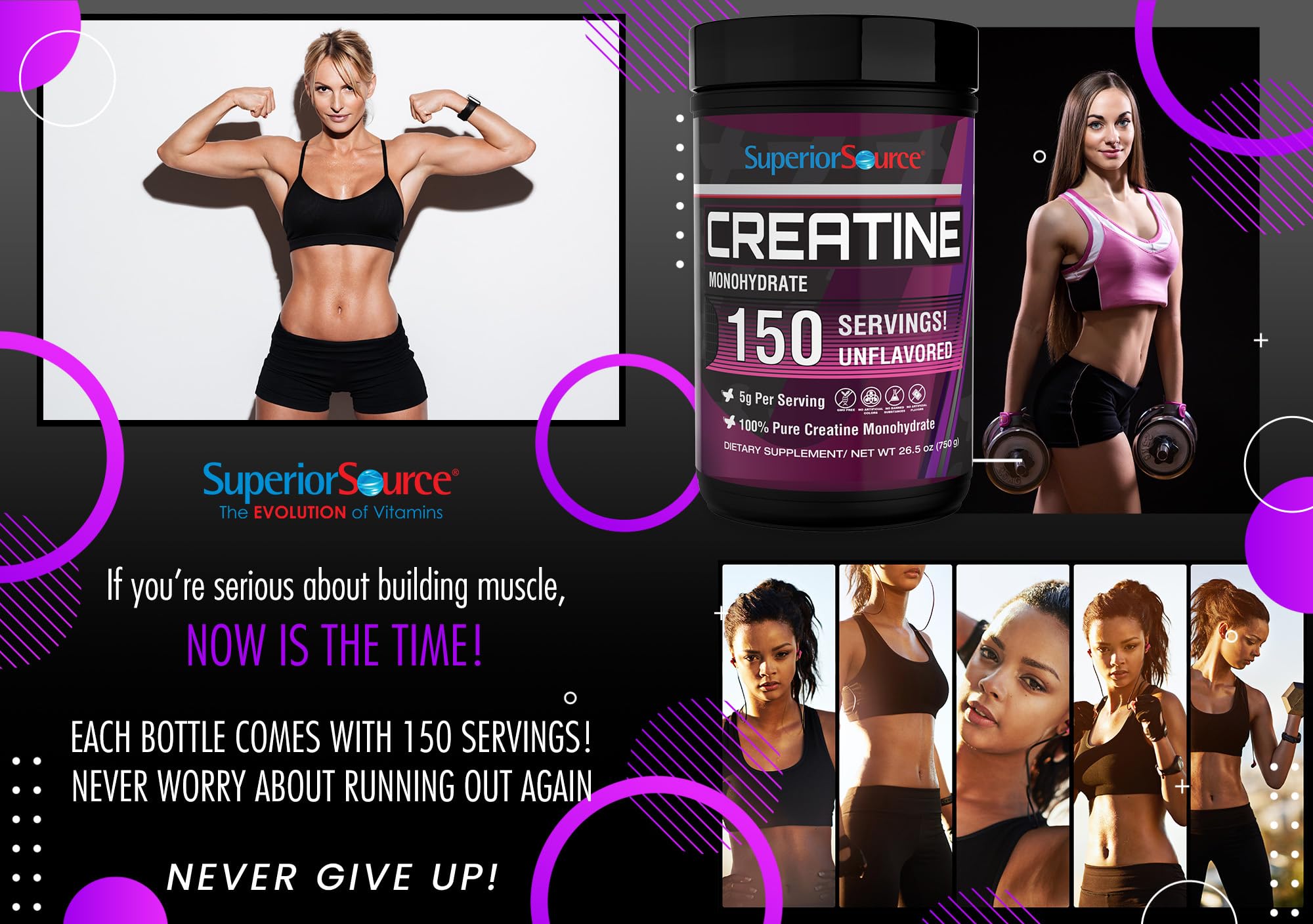 Bottle with GMP-certified quality label for Superior Source Creatine Monohydrate