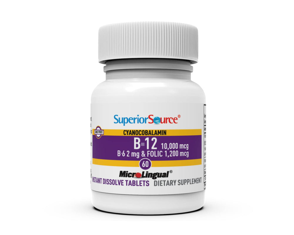 Label detail showing B12 B6 folic acid on Superior Source No Shot product.