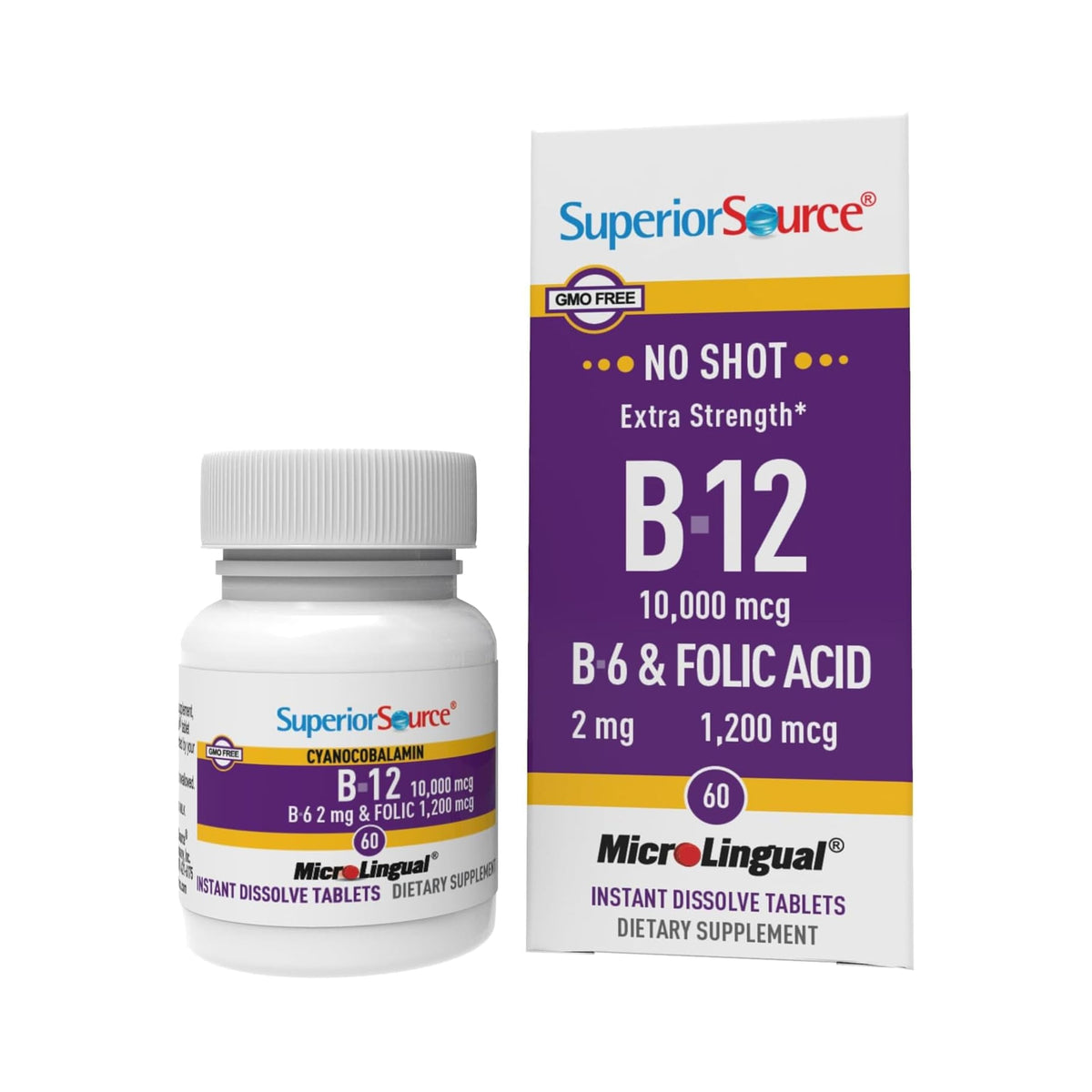 Superior Source No Shot B12 B6 Folic packaging front for daily wellness.