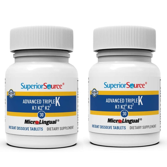 Superior Source Triple K bottle front shows MK-4, MK-7, and K1 for calcium direction.