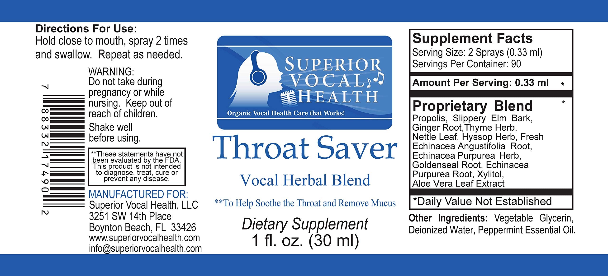 Herbal formulation close-up: Superior Vocal Health Throat Saver ingredients.