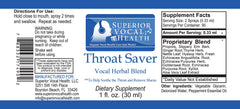 Herbal formulation close-up: Superior Vocal Health Throat Saver ingredients.