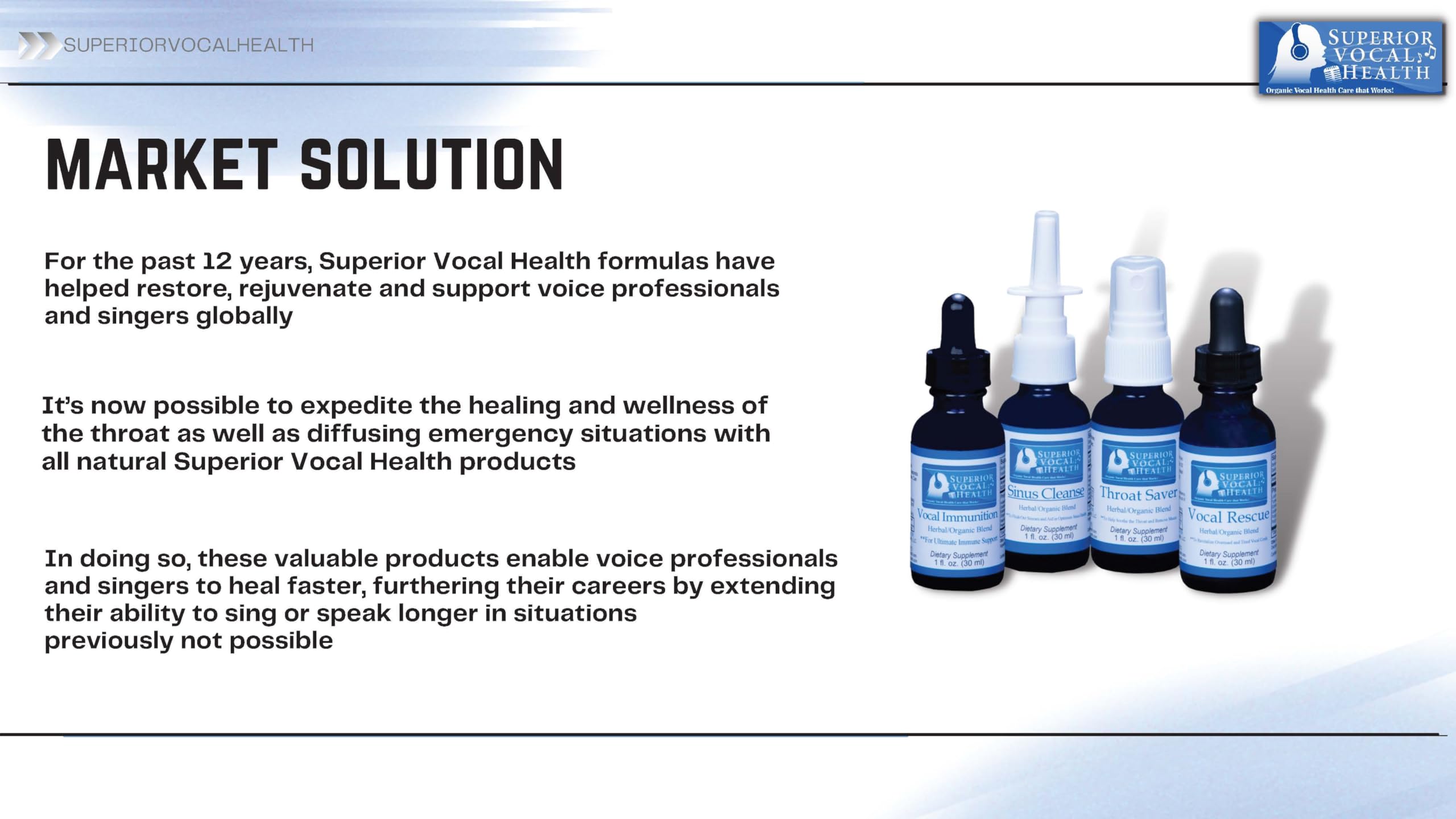 Performance scene featuring Superior Vocal Health Throat Saver branding on stage.