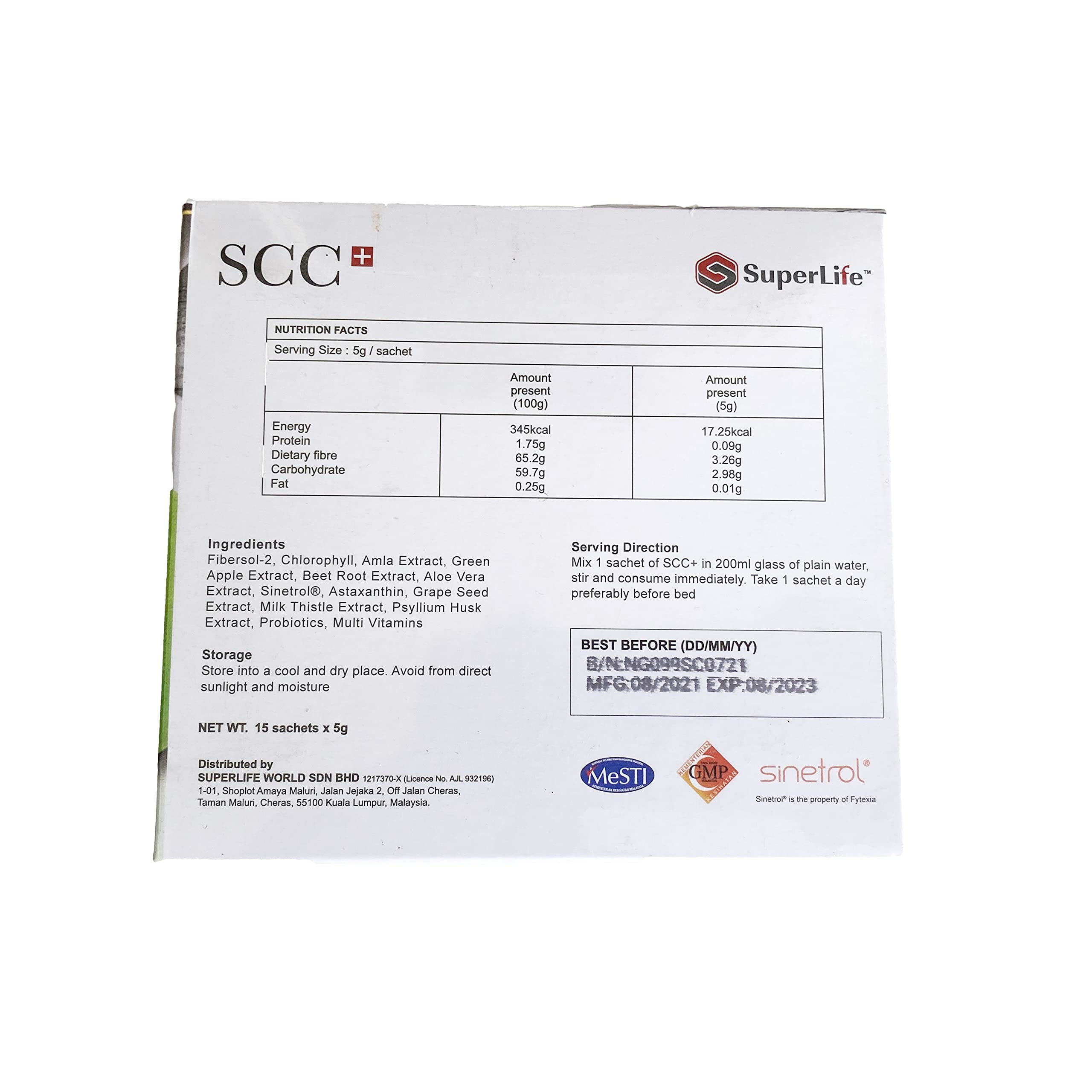 Superlifeworld SCC+ bottle side with dosage details