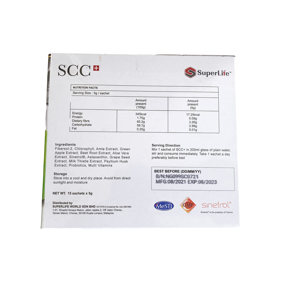 Superlifeworld SCC+ bottle side with dosage details