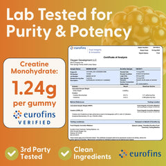 SuperMush mango-creatine gummies indicating sugar-free, no artificial dyes