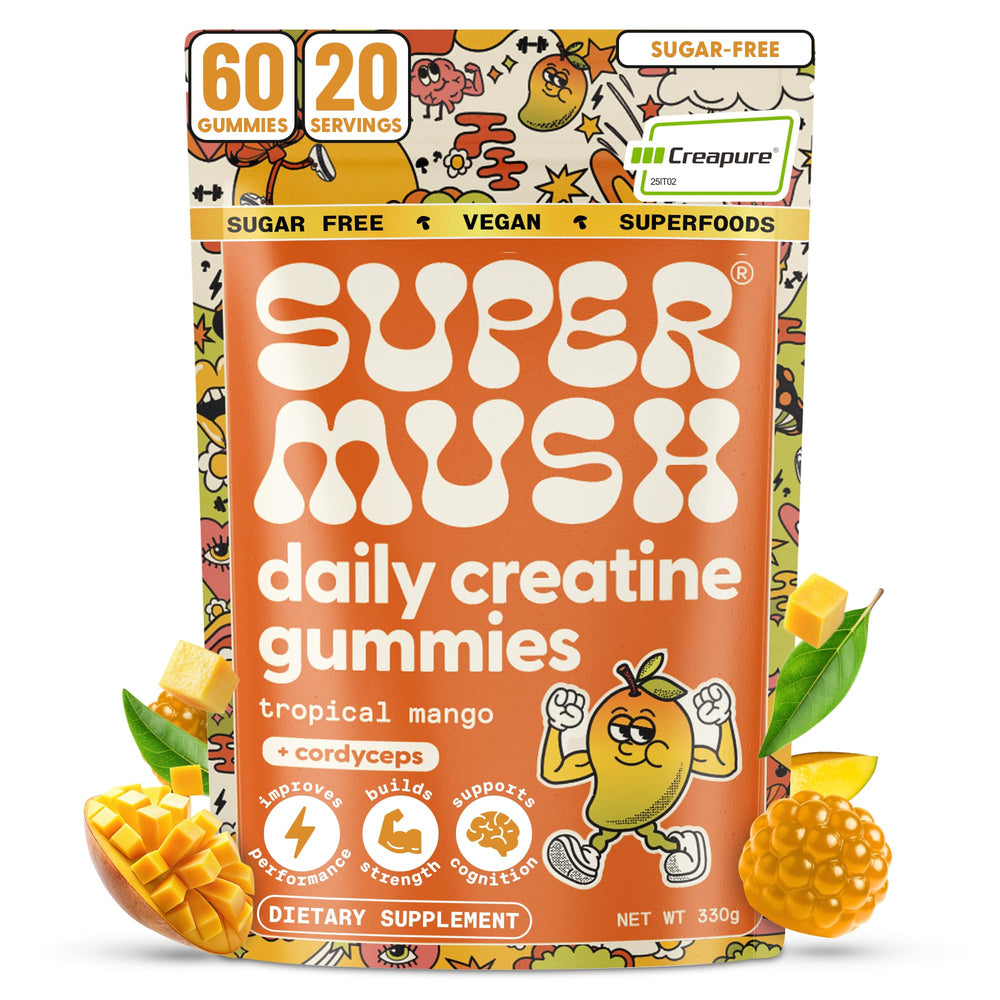 SuperMush Daily Creatine Gummies bottle with mango flavor for on-the-go strength