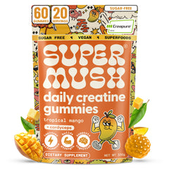 SuperMush Daily Creatine Gummies bottle with mango flavor for on-the-go strength