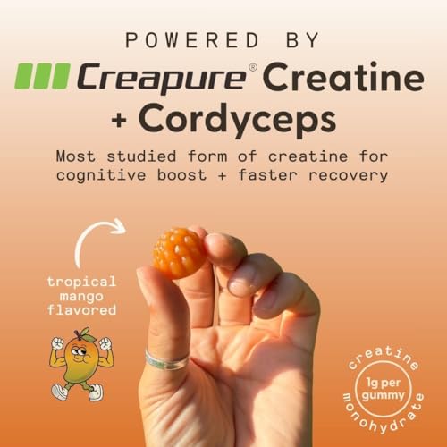 Close-up of SuperMush gummies showing chewy texture with cordyceps and creatine blend