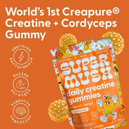 SuperMush mango-flavored gummies offering flavorful daily energy and focus support