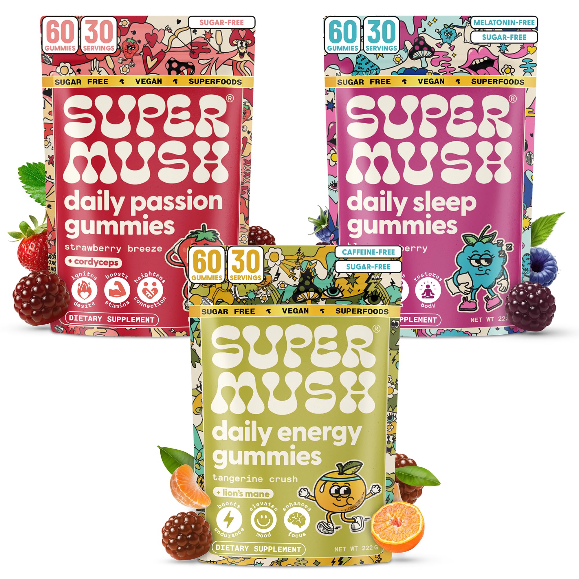 SuperMush Daily Passion bottle front with vibrant strawberry gummy
