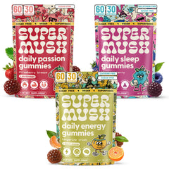 SuperMush Daily Passion bottle front with vibrant strawberry gummy