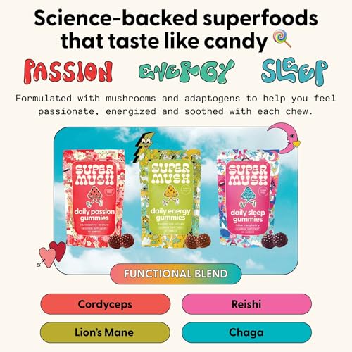 Closeup of SuperMush Daily Passion gummies showing strawberry color