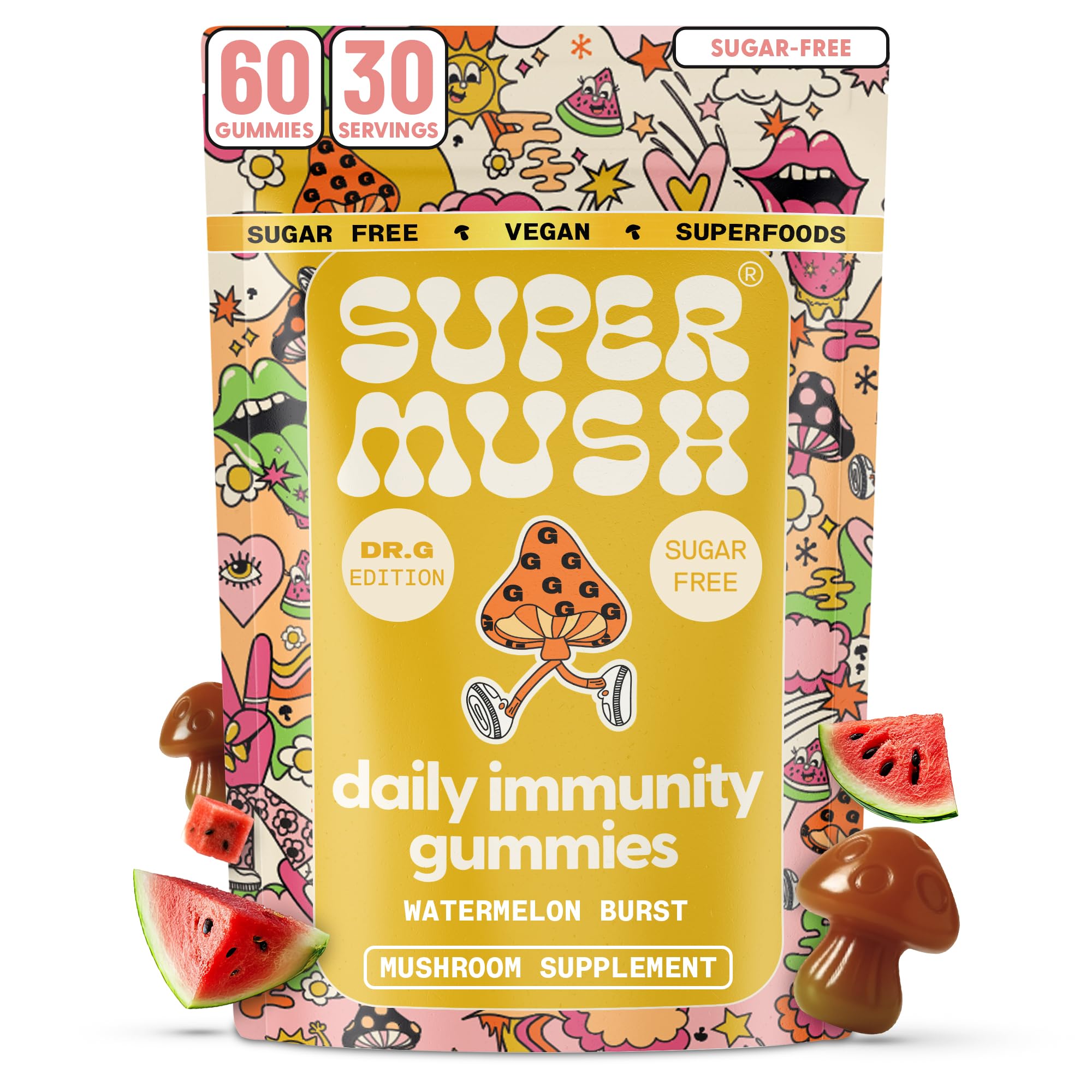 SuperMush Dr. G Daily Greens Gummies bottle with a serving for daily immune and gut support.