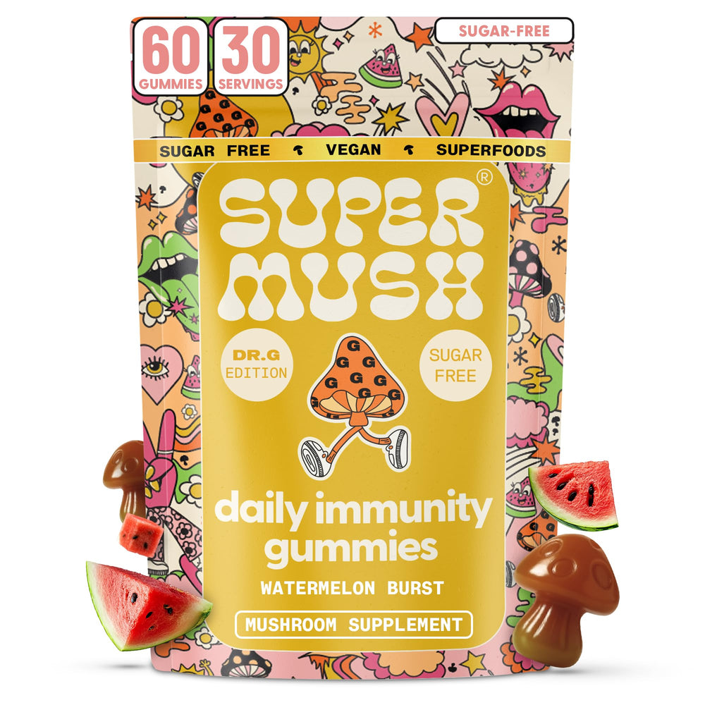 SuperMush Dr. G Daily Greens Gummies bottle with a serving for daily immune and gut support.