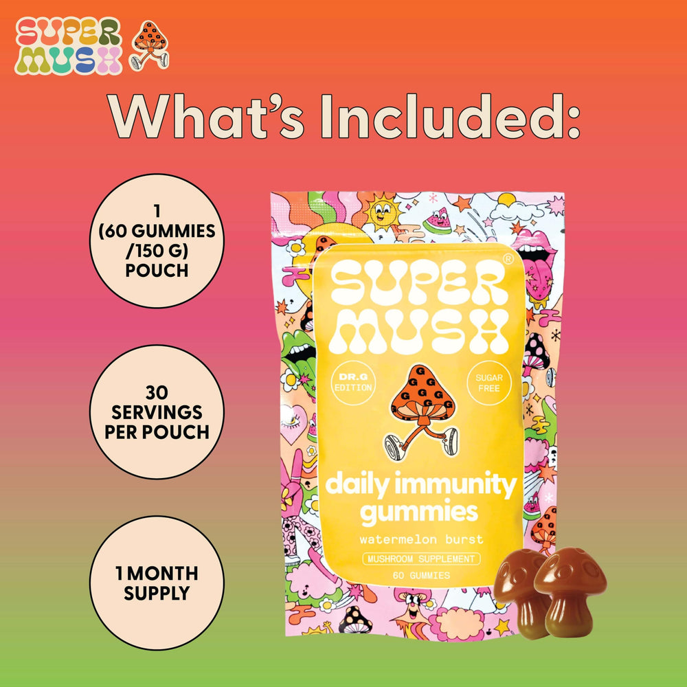 SuperMush Dr. G Daily Greens Gummies texture shown for easy, tasty daily dose.