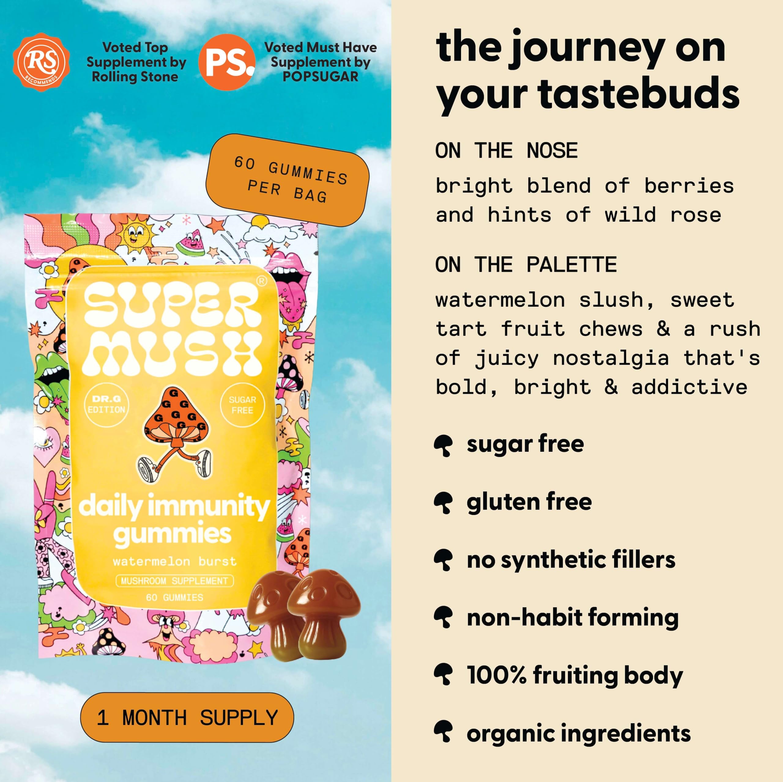 SuperMush Dr. G Daily Greens Gummies label shows vitamin C and zinc for daily immune balance.