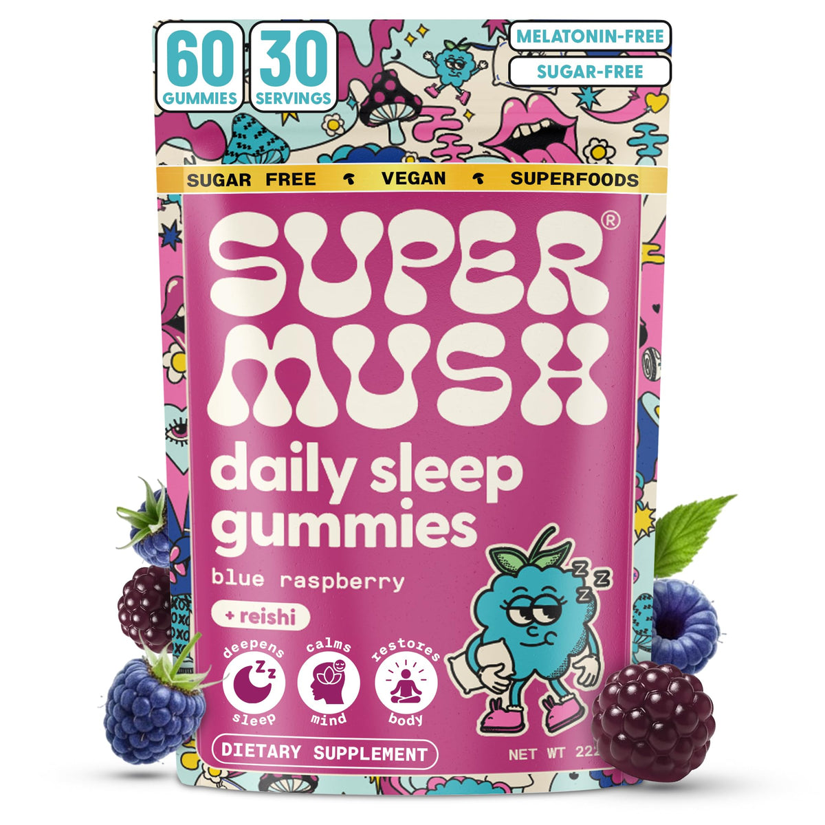 SuperMush Sleep Gummies bottle front, vegan sleep support without melatonin.
