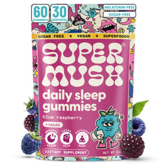 SuperMush Sleep Gummies bottle front, vegan sleep support without melatonin.