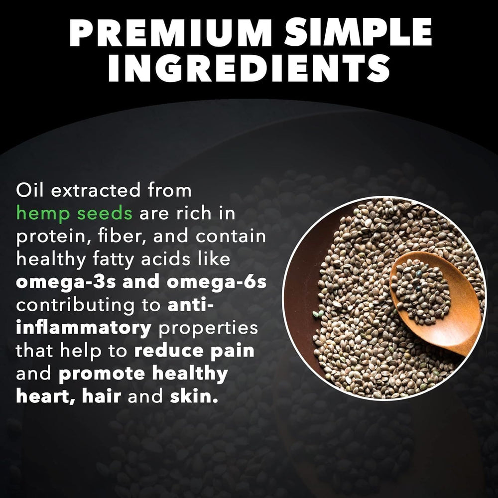 Super Natural Goods Hemp Oil label closeup emphasizes additive-free, vegan formulation.