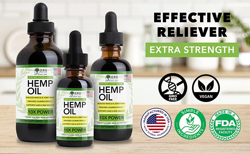 Super Natural Goods Hemp Oil store display suggests premium hemp seed oil option.