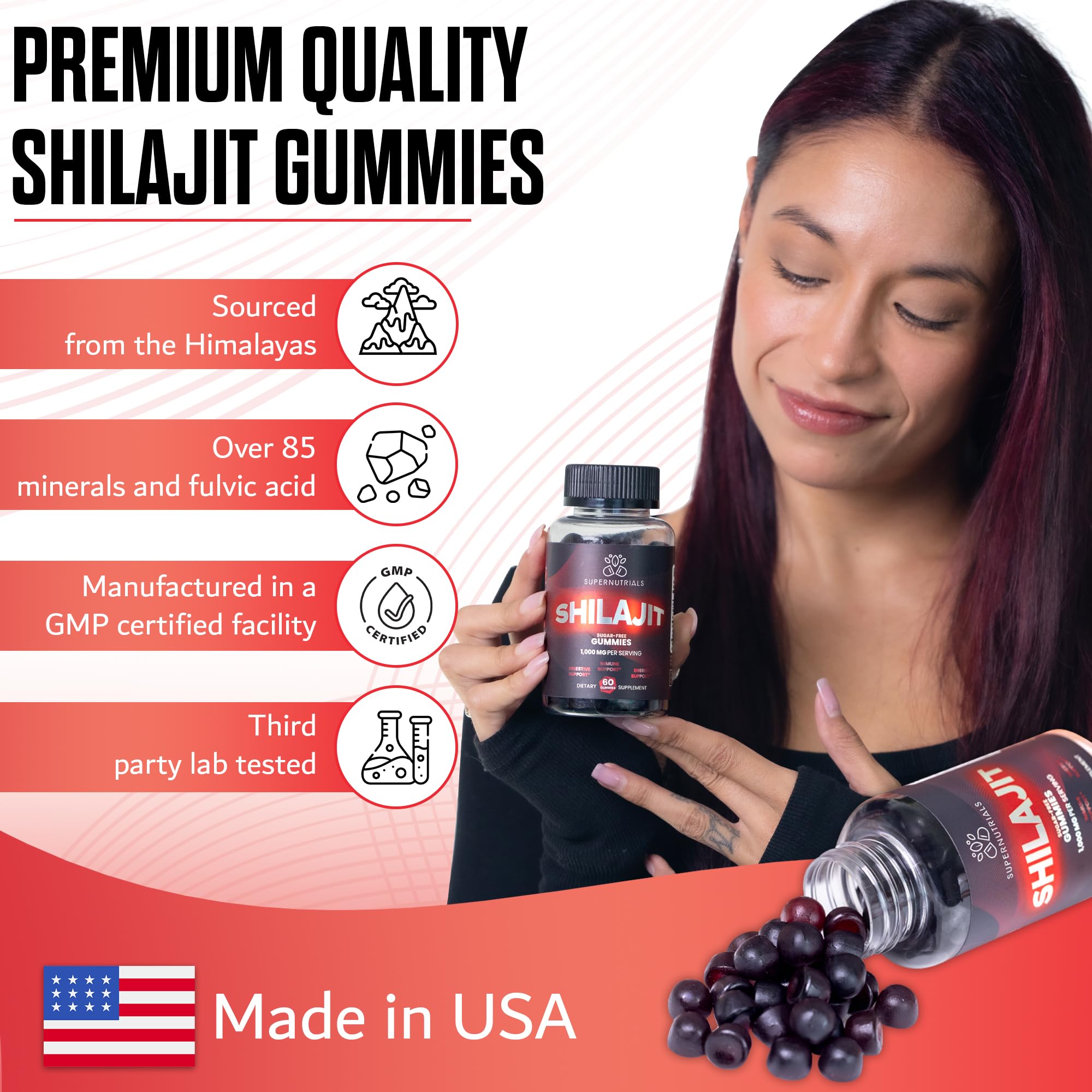 SUPERNUTRIALS Shilajit Gummies immune-support imagery emphasizes resilience and recovery.