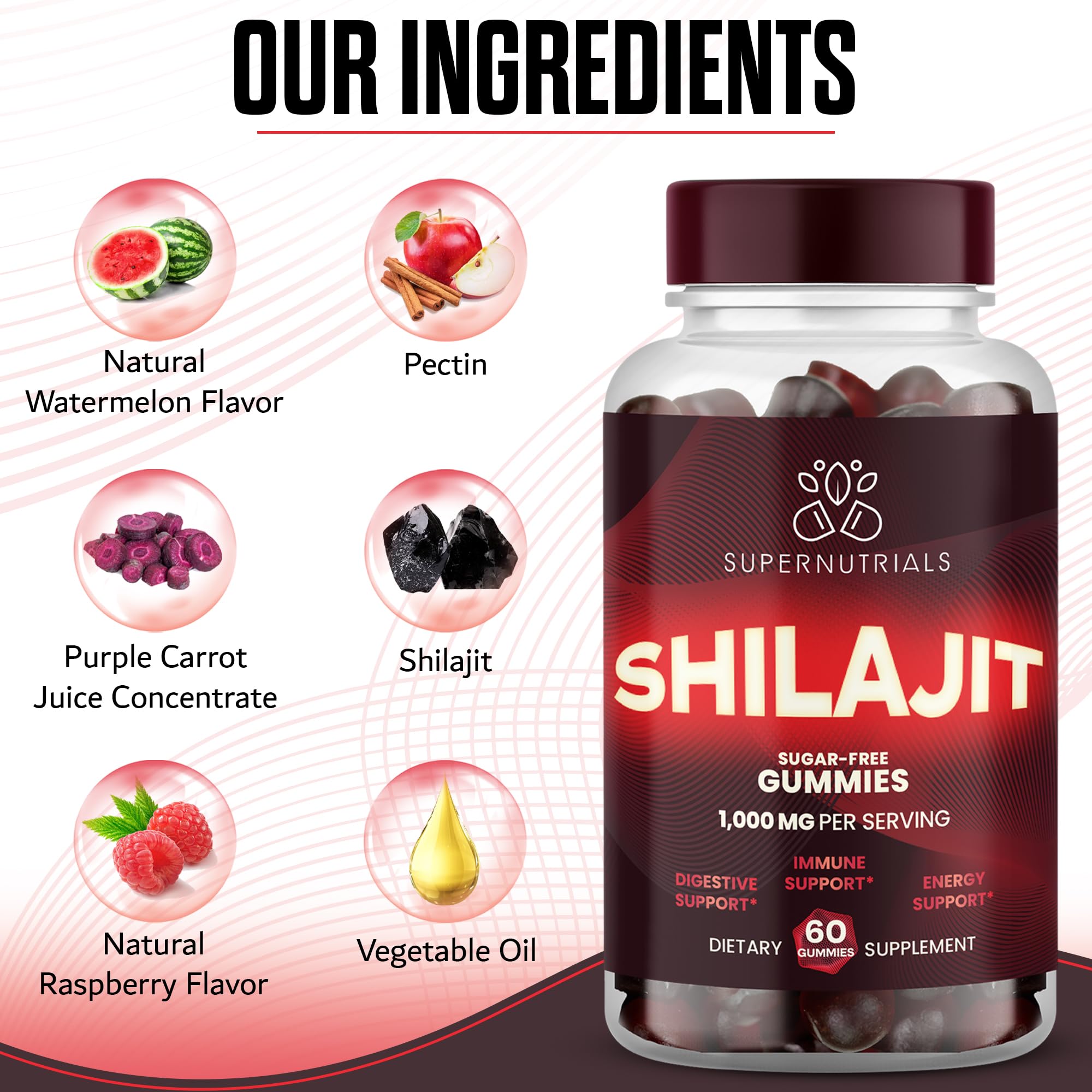 SUPERNUTRIALS Shilajit Gummies ingredient panel reveals fulvic acid and minerals for holistic wellness.