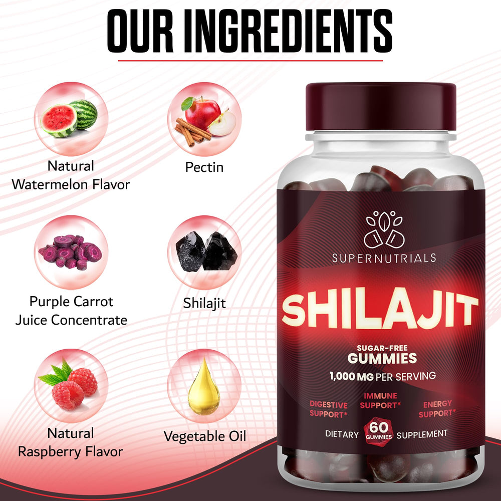 SUPERNUTRIALS Shilajit Gummies ingredient panel reveals fulvic acid and minerals for holistic wellness.
