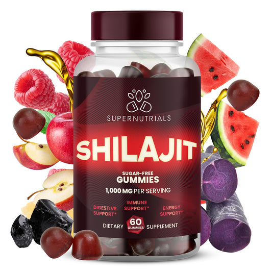 SUPERNUTRIALS Shilajit Gummies packaging showcases premium, sugar-free energy support for busy days.