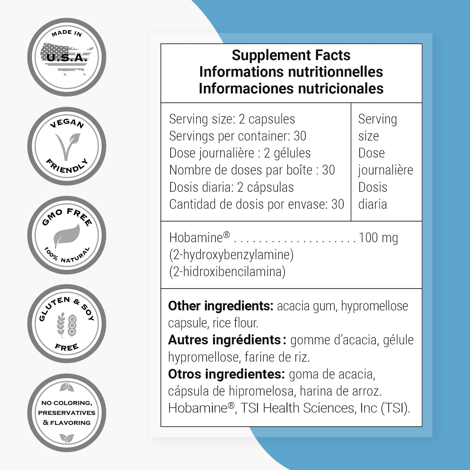 Supersmart 2-HOBA ingredients list notes non-GMO, vegan, gluten-free profile.