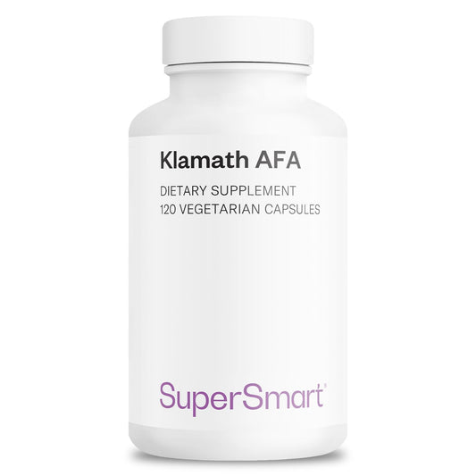 Supersmart AFA Extract bottle front shows 120 vegan capsules for daily nutrition.